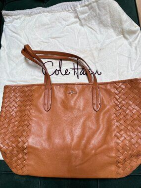 Cole Haan Woven Leather Tote Tan Brown Large Shoulder Bag Shopper